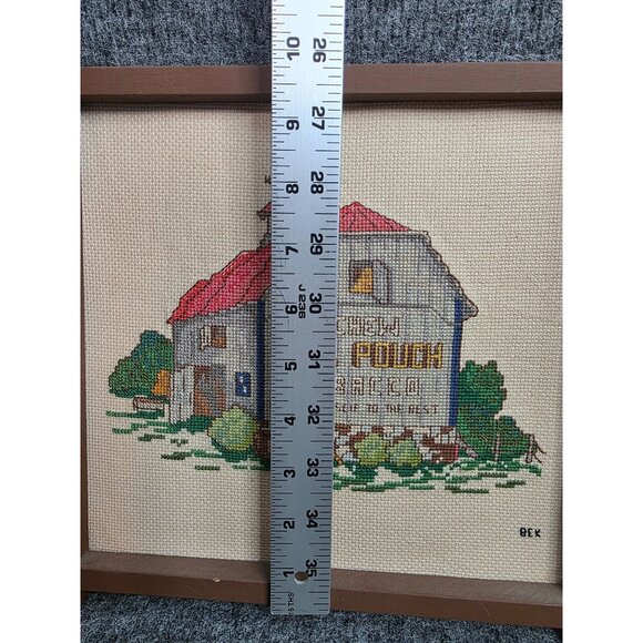 Chew Mail Pouch Tobacco Barn Cross-Stitched Wall Art With Frame Signed BEK Vtg - Picture 4 of 6